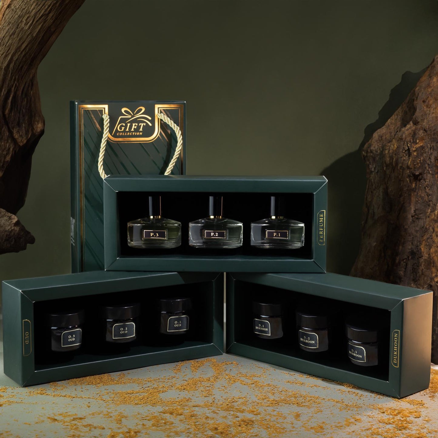 عرض مجموعة ثلاثة بوكسات (3 عطور + 3 دخون + 3 عود)